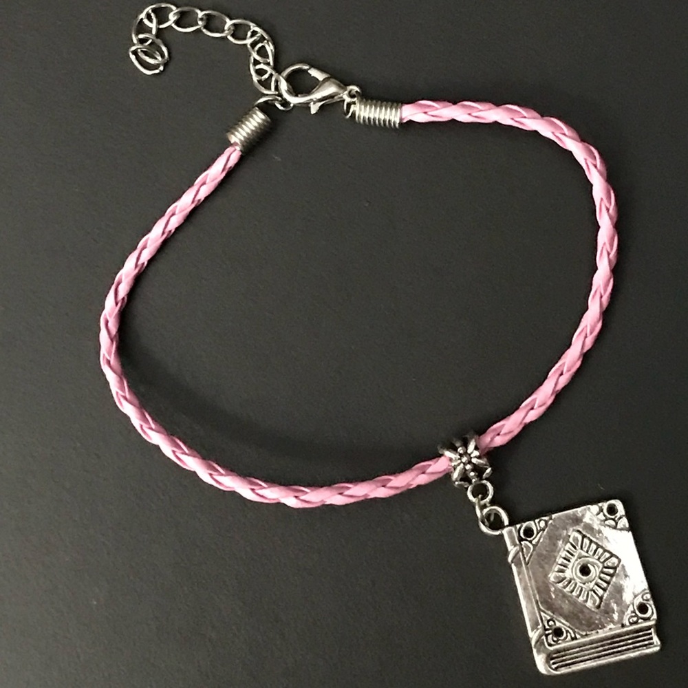 Pink Braided Leather Book Charm Bracelet